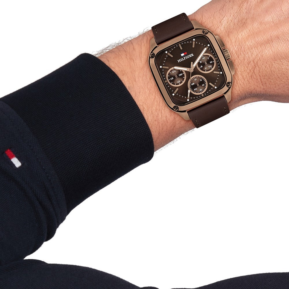Tommy Hilfiger Quartz Multifunction Brown Dial Brown Leather Strap Watch For Men