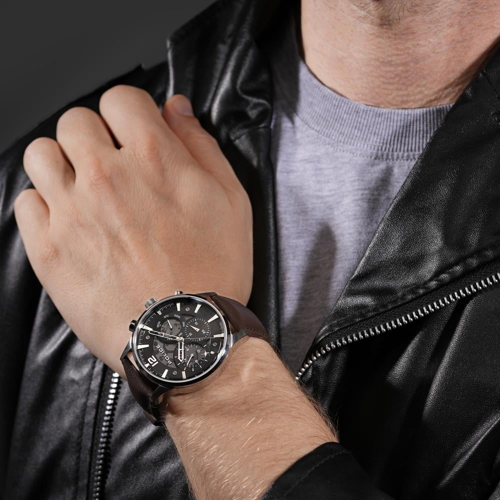 Police Quartz Multifunction Grey Dial Brown Leather Strap Watch For Men