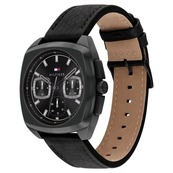 Tommy Hilfiger Multifunction Black Dial Black Leather Strap Watch for Men