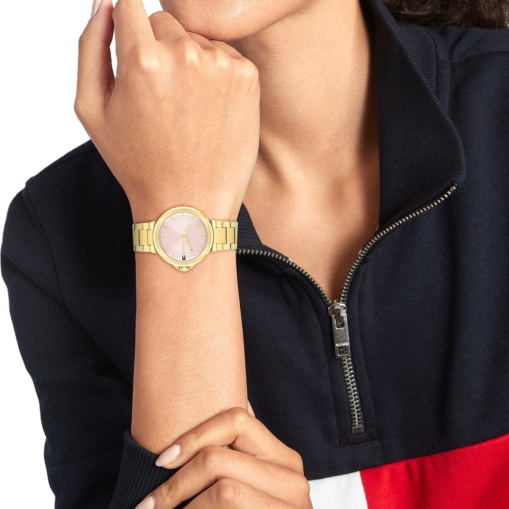 Tommy Hilfiger Quartz Analog Pink Dial Golden Stainless Steel Strap Watch For Women