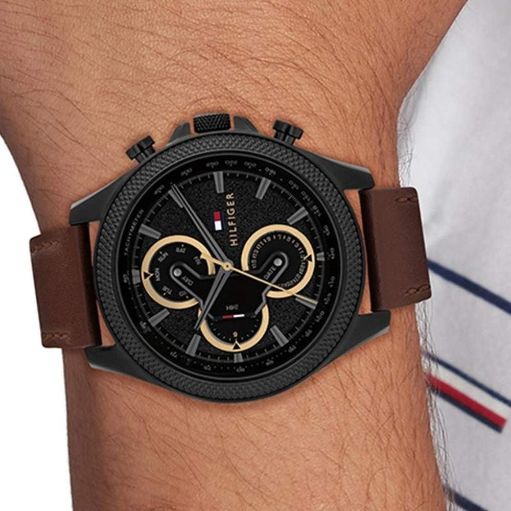 Tommy Hilfiger Quartz Multifunction Black Dial Brown Leather Strap Watch For Men