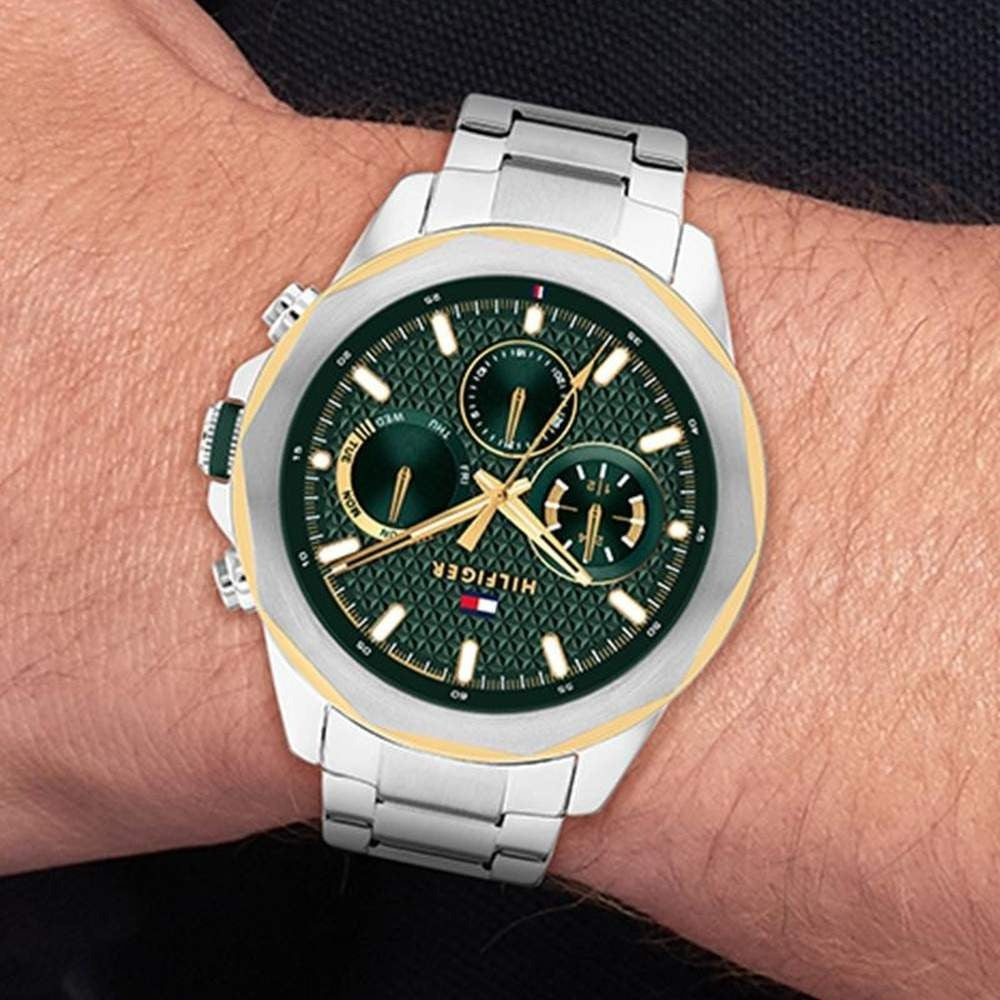Tommy Hilfiger Quartz Multifunction Green Dial Silver Stainless Steel Strap Watch For Men