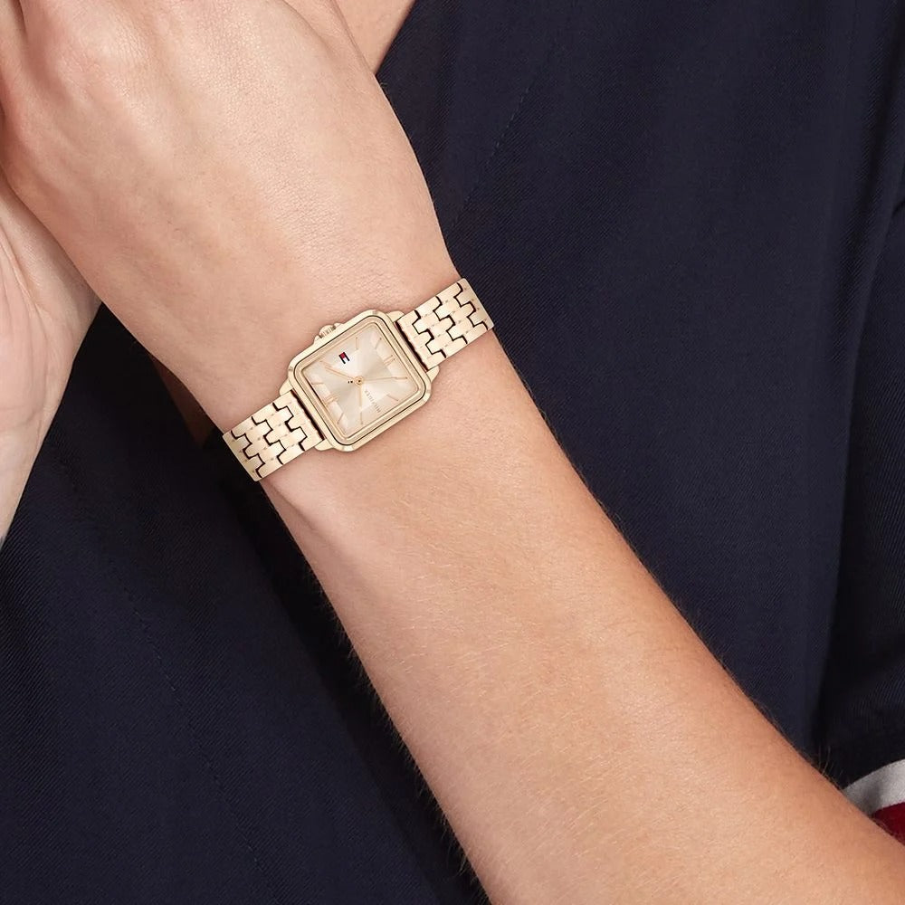 Tommy Hilfiger Quartz Analog Golden Dial Rose Gold Stainless Steel Strap Watch For Women
