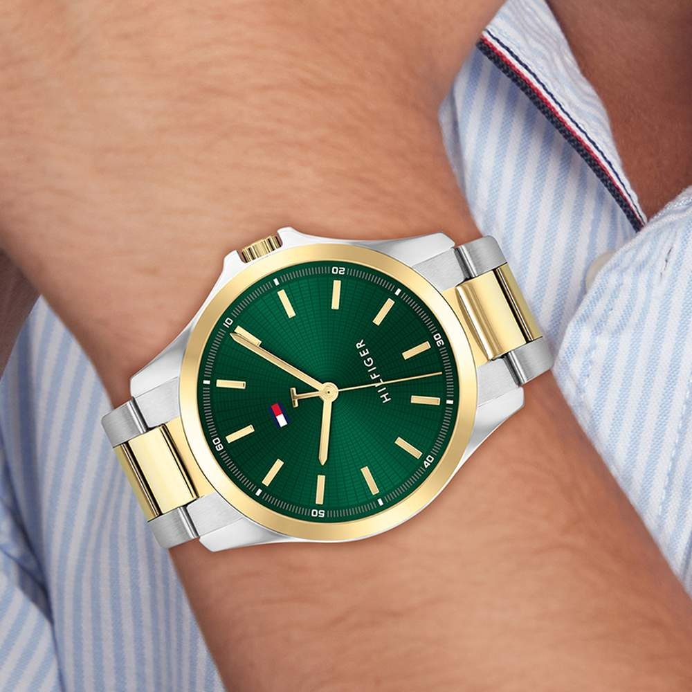 Tommy Hilfiger Quartz Analog Green Dial Two Toned Stainless Steel Strap Watch For Men