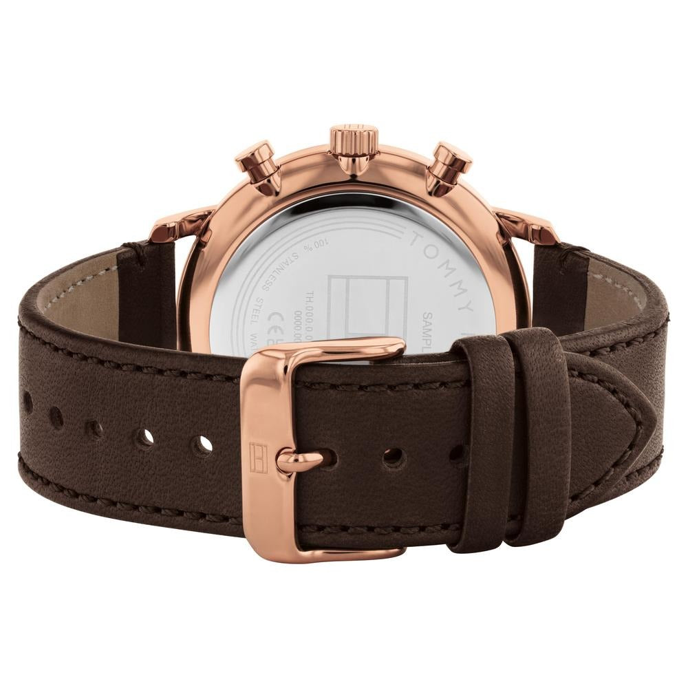 Tommy Hilfiger Multifunction Black Dial Brown Leather Strap Watch For Men