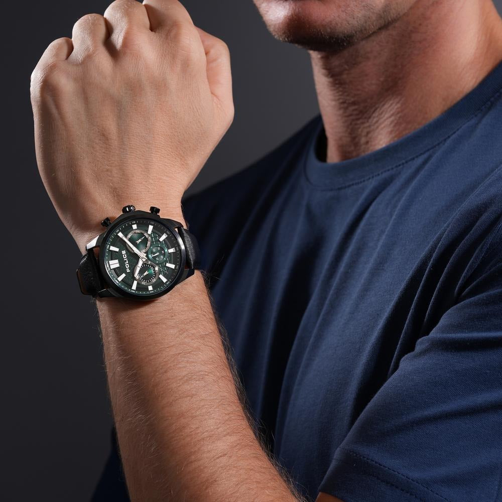 Police Quartz Multifunction Green Dial Black Leather Strap Watch For Men