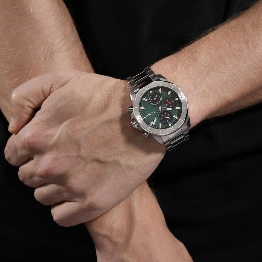 Police Quartz Multifunction Green Dial Silver Stainless Steel Strap Watch For Men