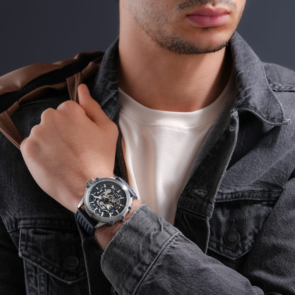 Police Automatic With Self Winding Blue Dial Blue Color Leather Strap Watch For Men