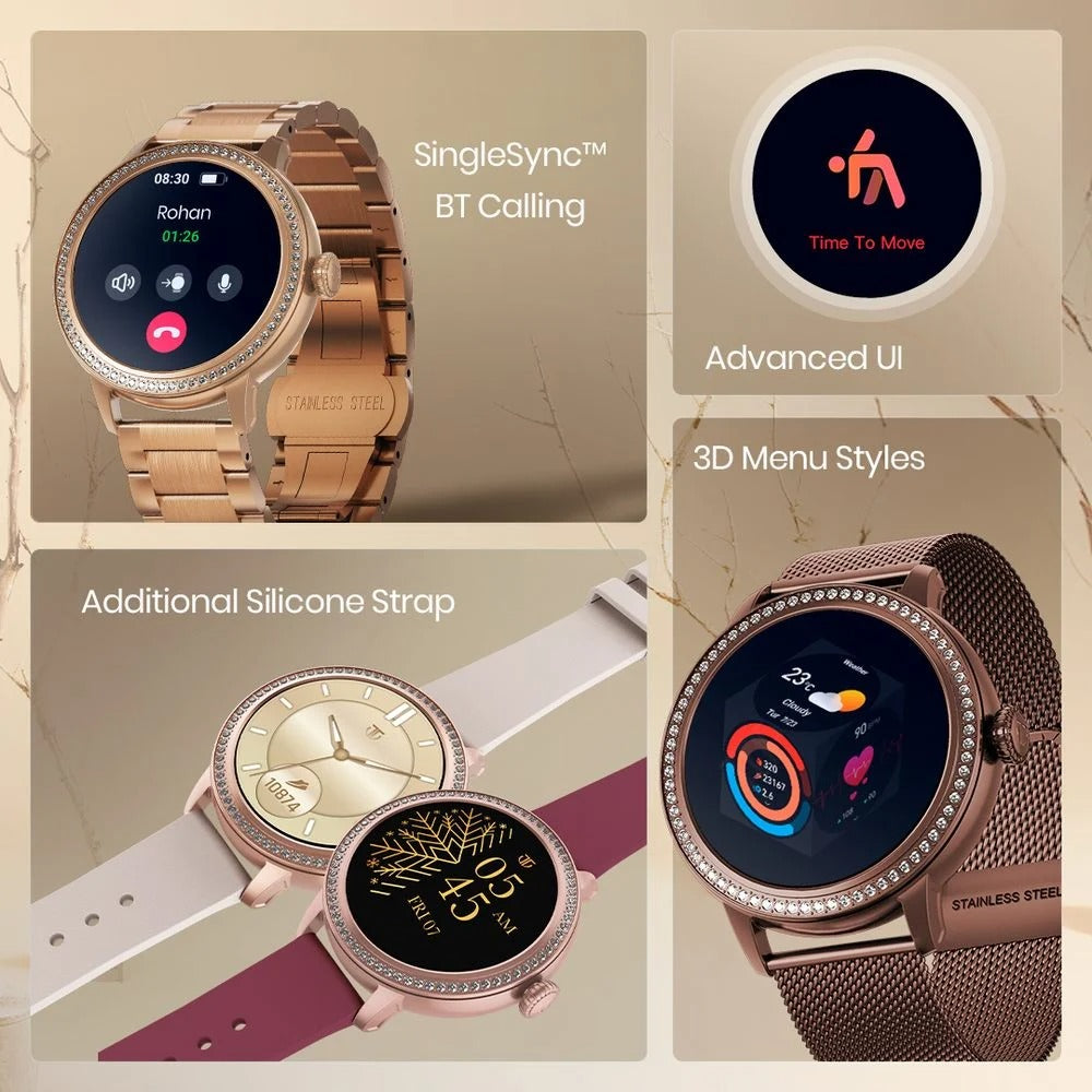 Titan Valerie Premium Smartwatch with All 316L SS construction, Skin Temp. Sensor, Women’s Health, SingleSync BT Calling