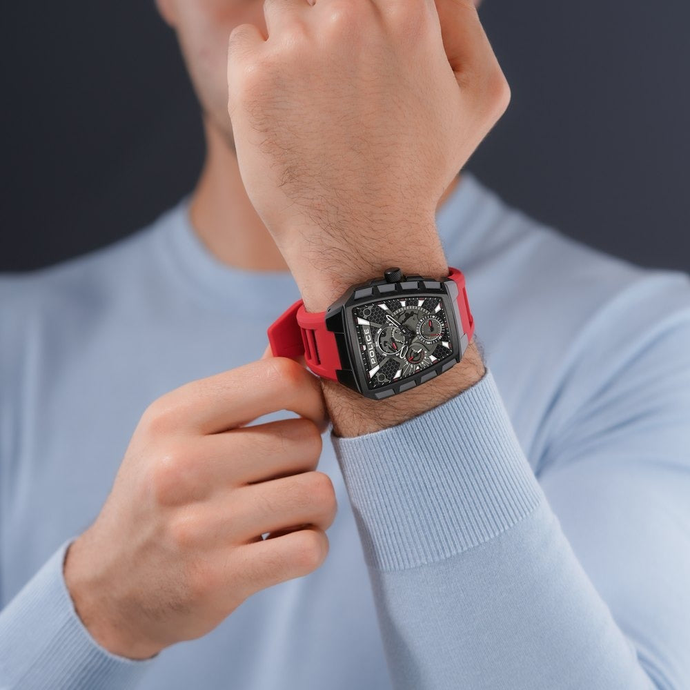 Police Men's Tough Gear KL Rahul Edition Multifunction Watch with Red Silicone Strap