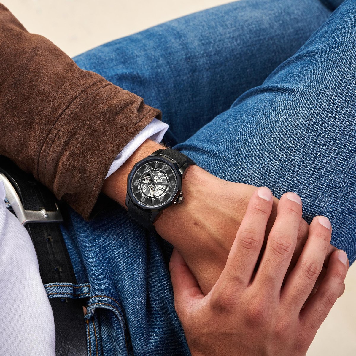 CERRUTI 1881 Men Skeleton Automatic Watch with Leather Strap