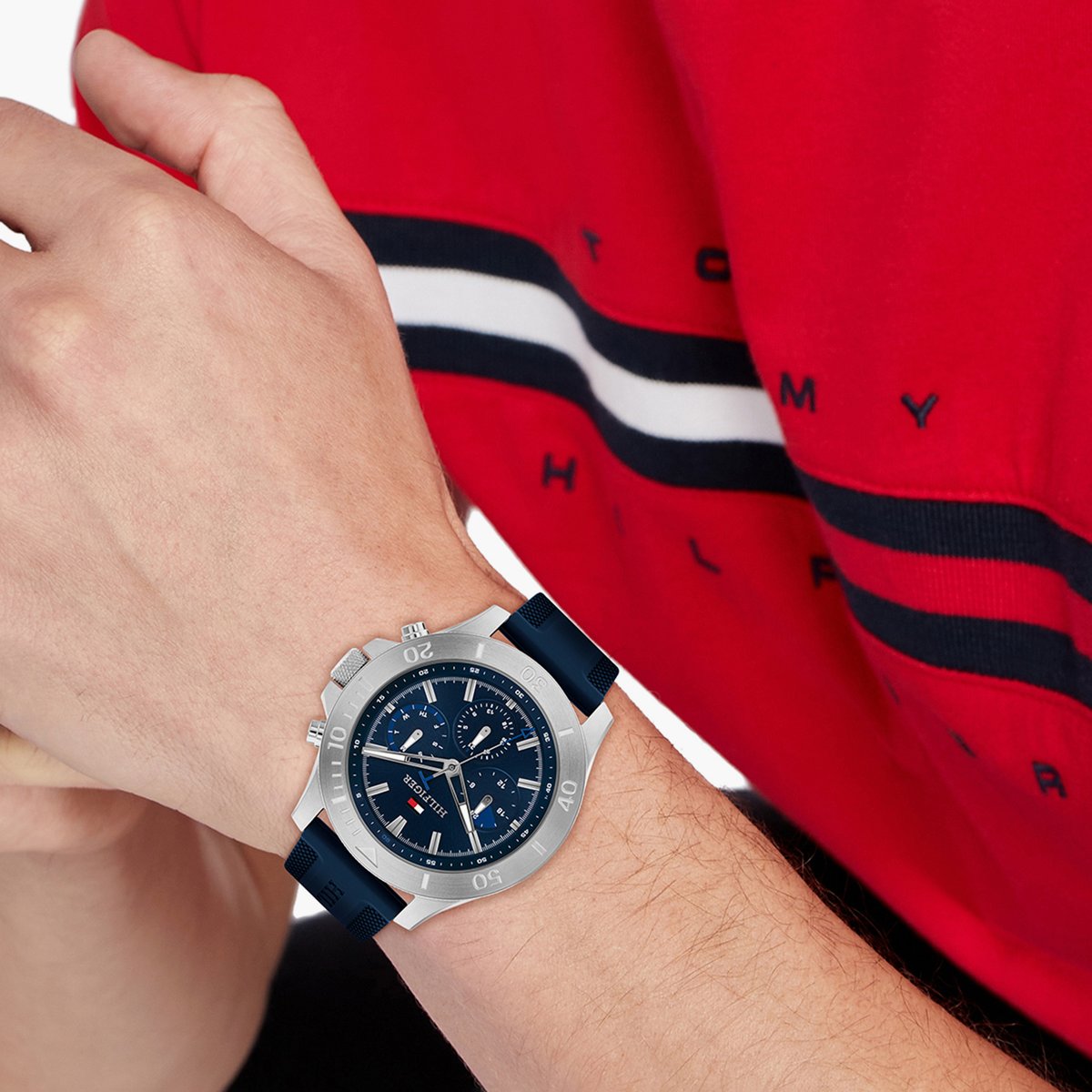 Tommy Hilfiger Quartz Multifunction Blue Dial Blue Silicone Strap Watch for Men