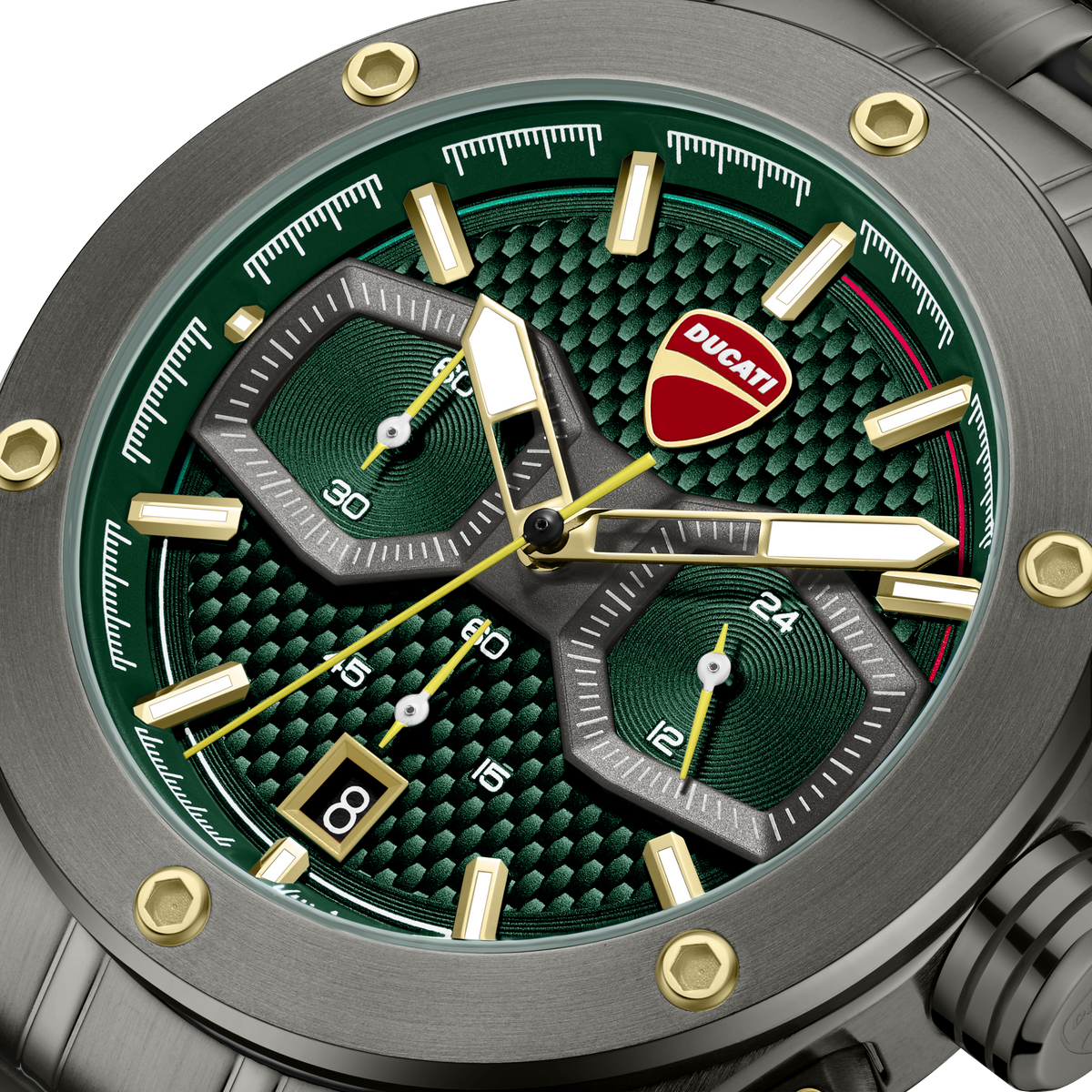 Ducati Quartz Chronograph Green Dial Grey Stainless Steel Strap Watch For Men