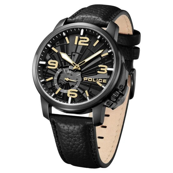 Police Quartz Analog Black Dial Black Leather Strap Watch For Men