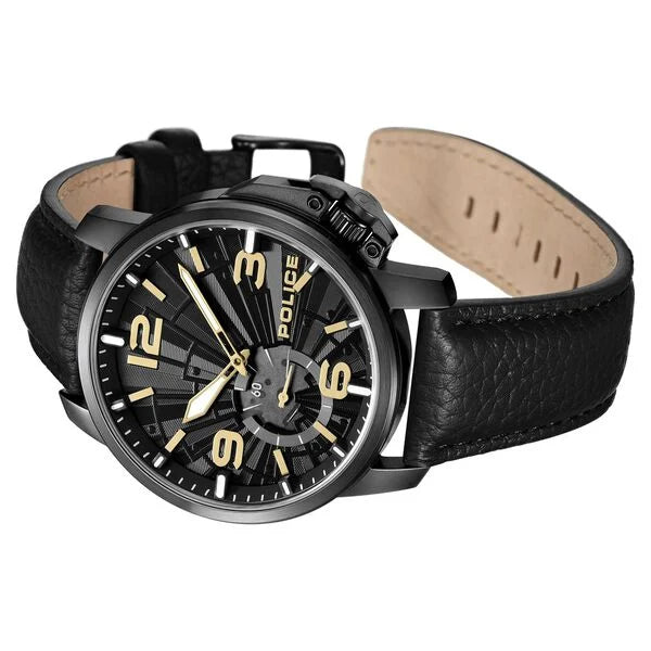 Police Quartz Analog Black Dial Black Leather Strap Watch For Men