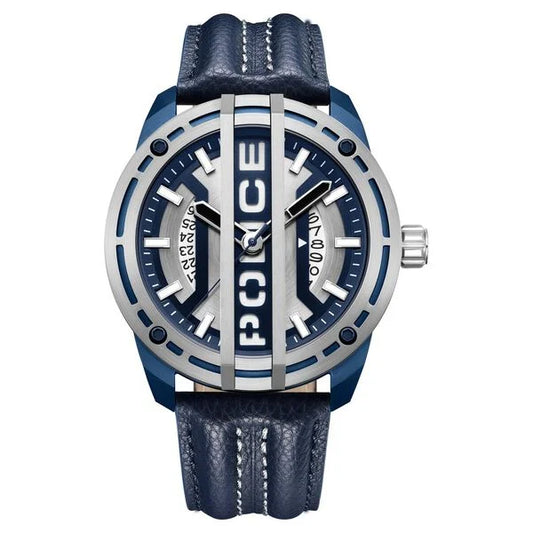 Police Quartz Analog Silver Dial Blue Leather Strap Watch for Men