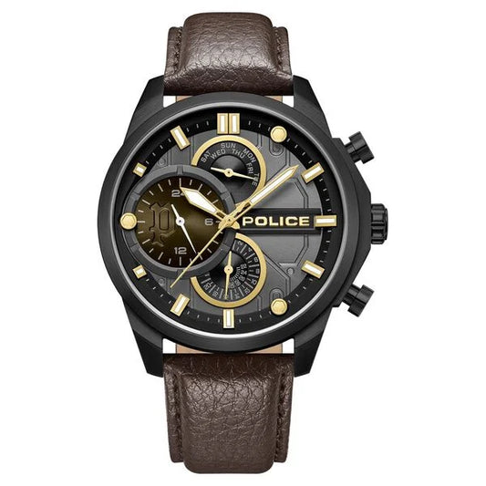 Police Quartz Multifunction Grey Dial Brown Leather Strap Watch for Men
