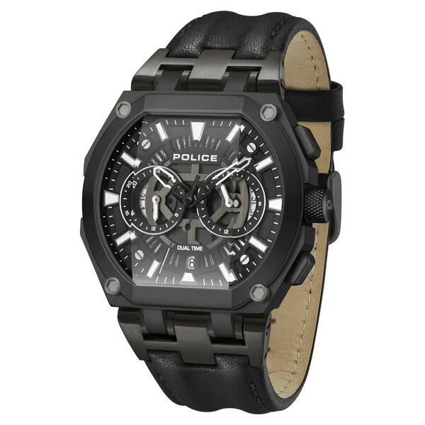 Police Multifunction Black Dial Leather Strap Watch For Men