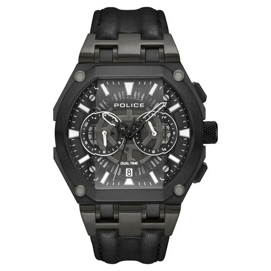 Police Multifunction Black Dial Leather Strap Watch For Men