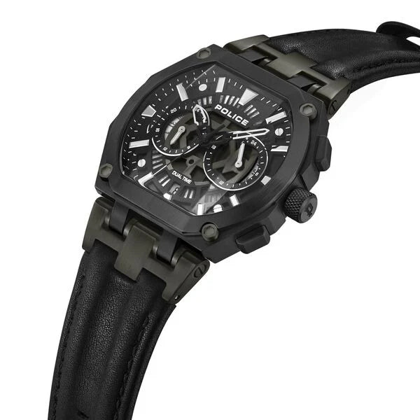 Police Multifunction Black Dial Leather Strap Watch For Men