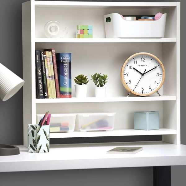 Titan Wooden Shelf Clock White Dial with Silent Sweep Technology