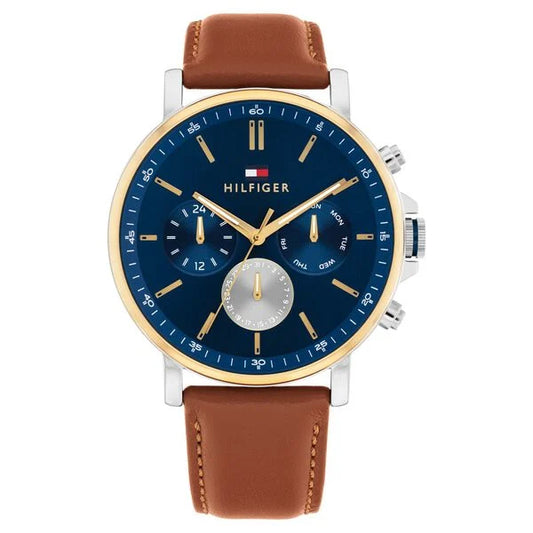 Tommy Hilfiger Quartz Multifunction Blue Dial Brown Leather Strap Watch For Men