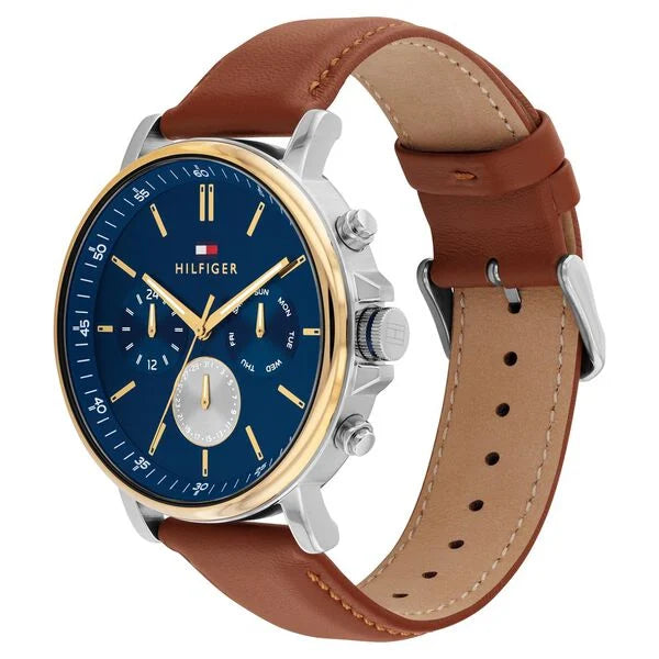 Tommy Hilfiger Quartz Multifunction Blue Dial Brown Leather Strap Watch For Men