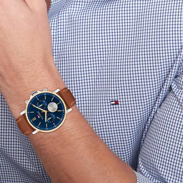 Tommy Hilfiger Quartz Multifunction Blue Dial Brown Leather Strap Watch For Men