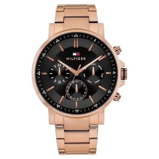 Tommy Hilfiger Quartz Multifunction Black Dial Brown Stainless Steel Strap Watch For Men