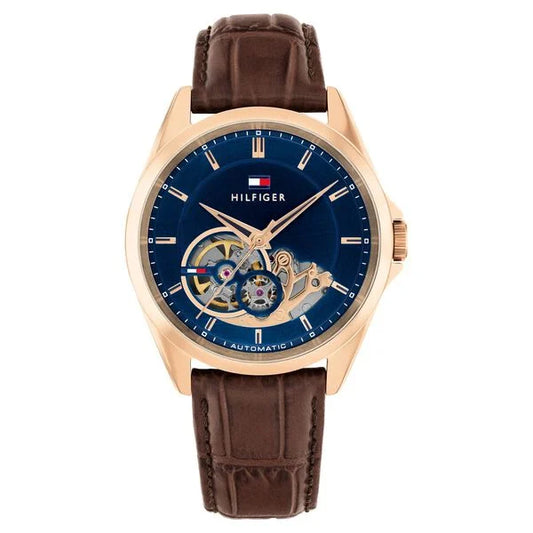 Tommy Hilfiger Automatic Automatic Blue Dial Brown Leather Strap Watch For Men