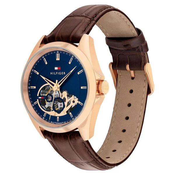 Tommy Hilfiger Automatic Automatic Blue Dial Brown Leather Strap Watch For Men