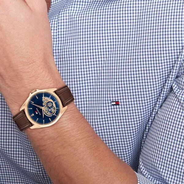 Tommy Hilfiger Automatic Automatic Blue Dial Brown Leather Strap Watch For Men