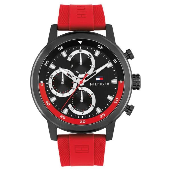 Tommy Hilfiger Quartz Multifunction Black Dial Red Silicone Strap Watch For Men