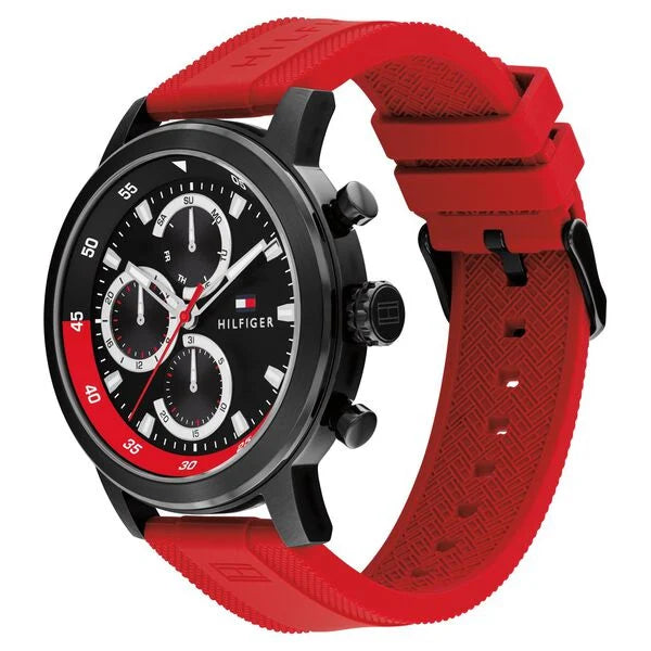 Tommy Hilfiger Quartz Multifunction Black Dial Red Silicone Strap Watch For Men