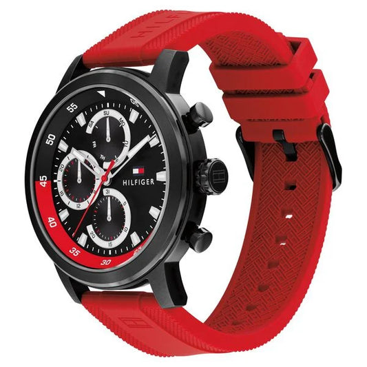 Tommy Hilfiger Quartz Multifunction Black Dial Red Silicone Strap Watch For Men