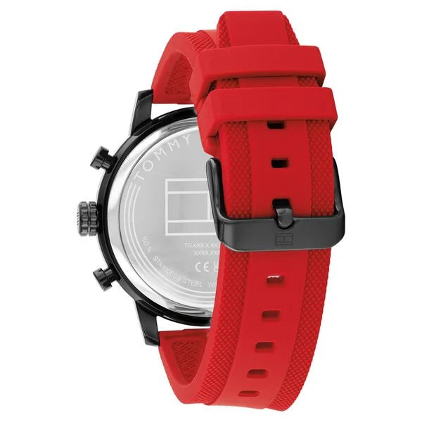 Tommy Hilfiger Quartz Multifunction Black Dial Red Silicone Strap Watch For Men