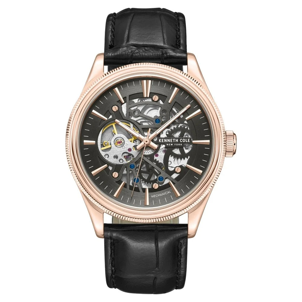 Kenneth Cole Mechanical Hand Wound Analog Mechanical Grey Dial With Black Leather Strap Watch For Men