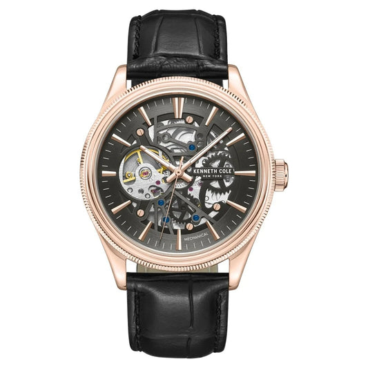 Kenneth Cole Mechanical Hand Wound Analog Mechanical Grey Dial With Black Leather Strap Watch For Men