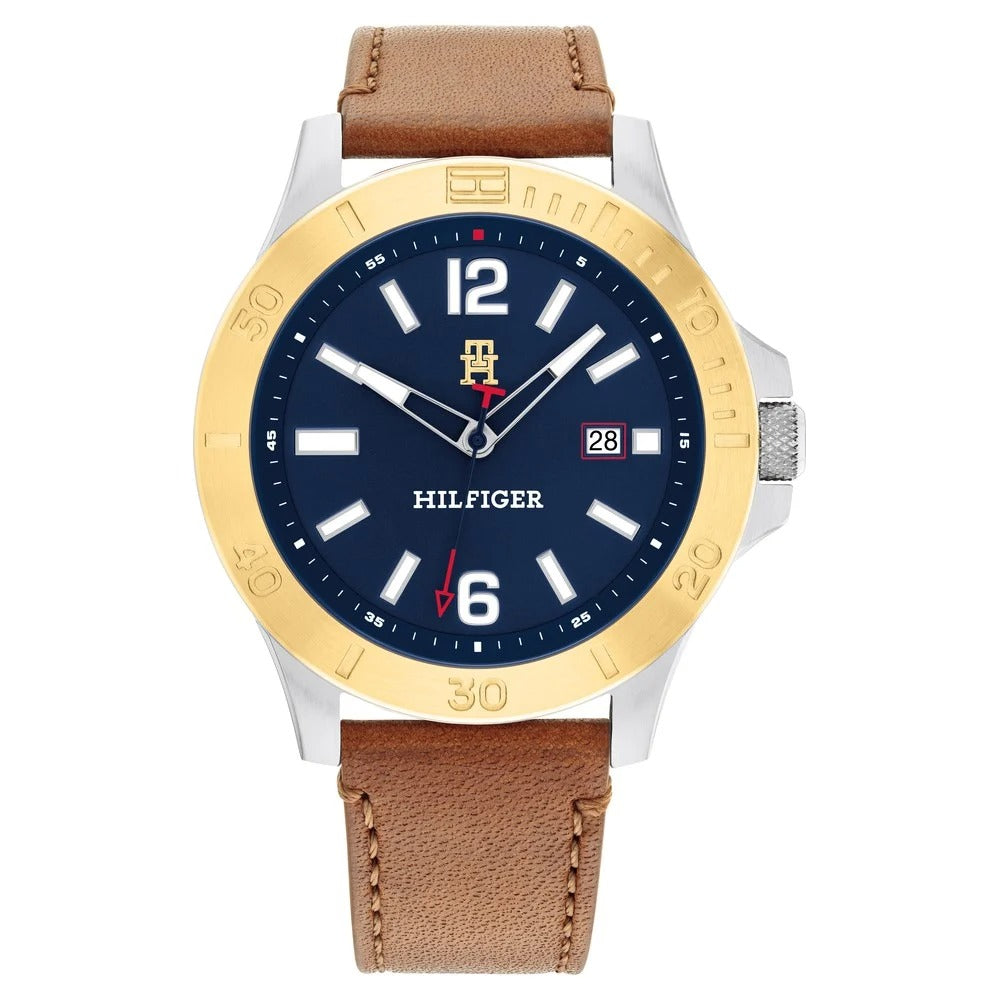 Tommy Hilfiger Quartz Analog with Date Blue Dial Brown Leather Strap Watch For Men