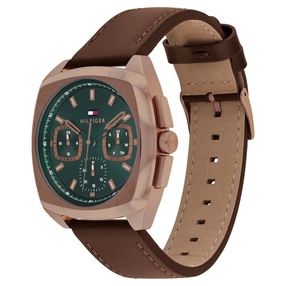 Tommy Hilfiger Quartz Multifunction Green Dial Brown Leather Strap Watch for Men