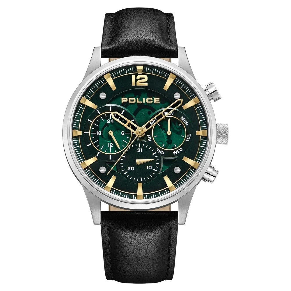 Police Quartz Multifunction Green Dial Black Leather Strap Watch For Men