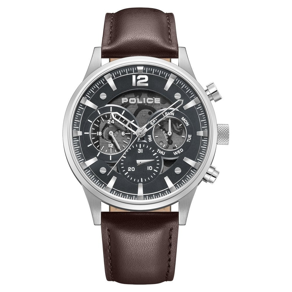Police Quartz Multifunction Grey Dial Brown Leather Strap Watch For Men