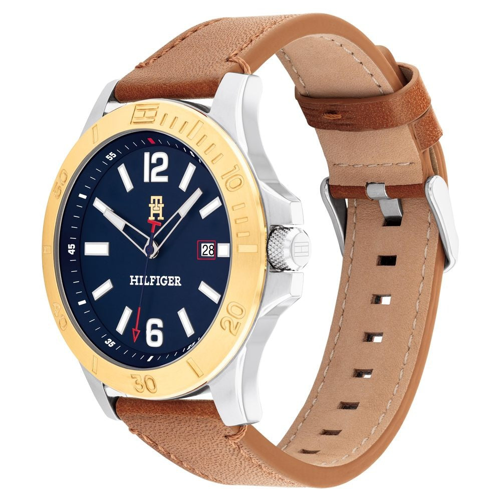 Tommy Hilfiger Quartz Analog with Date Blue Dial Brown Leather Strap Watch For Men