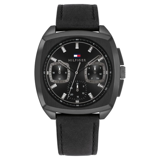 Tommy Hilfiger Multifunction Black Dial Black Leather Strap Watch for Men