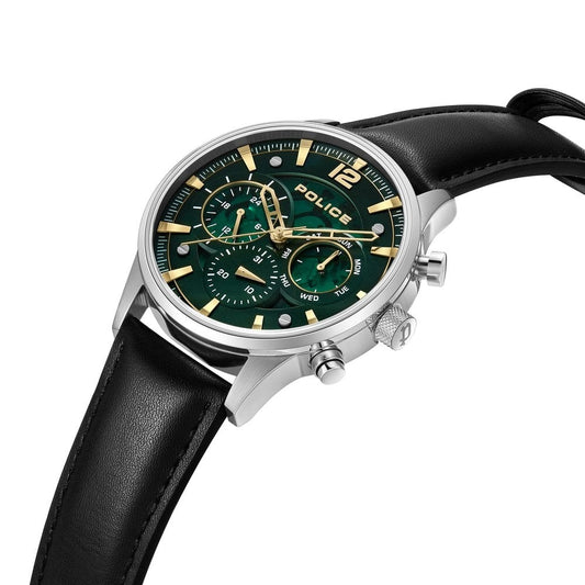 Police Quartz Multifunction Green Dial Black Leather Strap Watch For Men