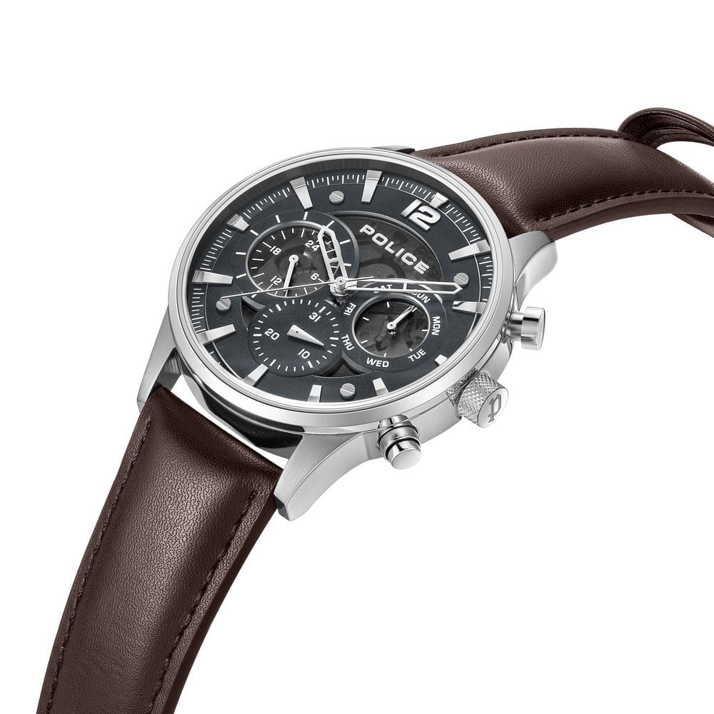 Police Quartz Multifunction Grey Dial Brown Leather Strap Watch For Men