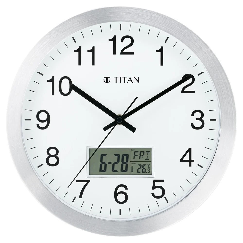 Titan Metallic Anadigi Wall Clock White Dial with Digital Display - 30 cm x 30 cm (Medium)