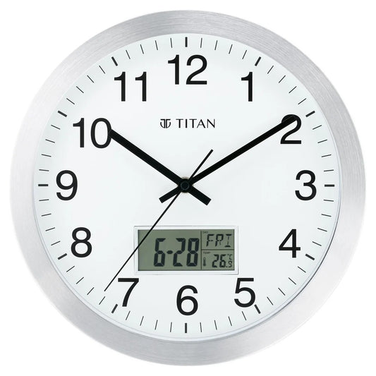 Titan Metallic Anadigi Wall Clock White Dial with Digital Display - 30 cm x 30 cm (Medium)