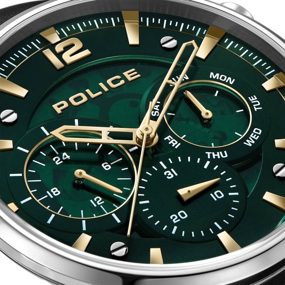 Police Quartz Multifunction Green Dial Black Leather Strap Watch For Men