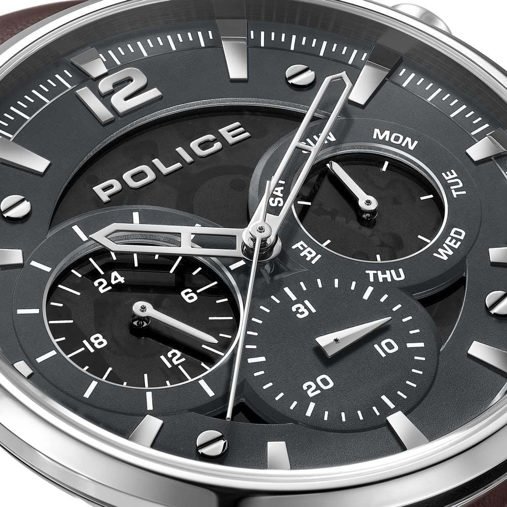 Police Quartz Multifunction Grey Dial Brown Leather Strap Watch For Men